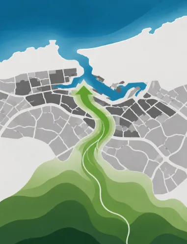 Ilustración: el verde del monte atraviesa la ciudad como un río hasta llegar al mar.